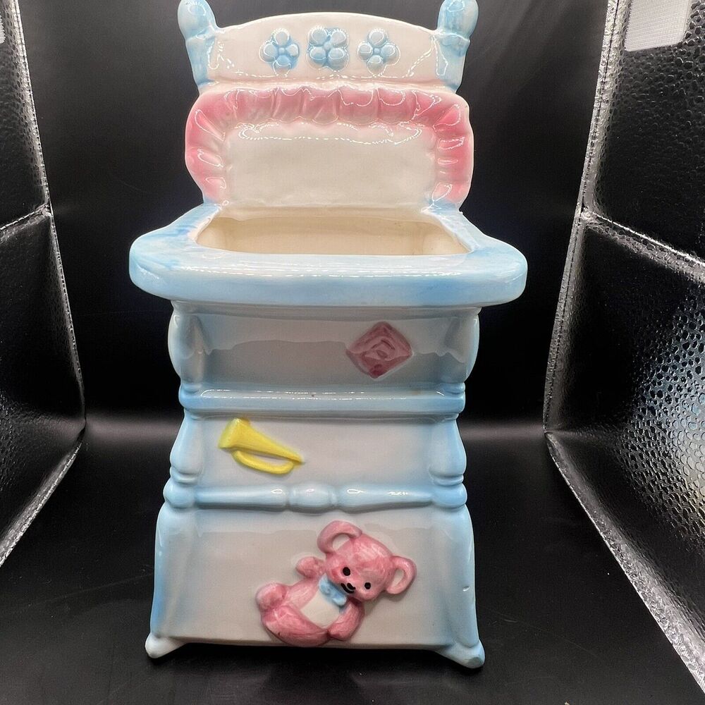 Vintage 1950s Relpo Nursery Planter Baby Blue Pink Teddy Highchair Vase